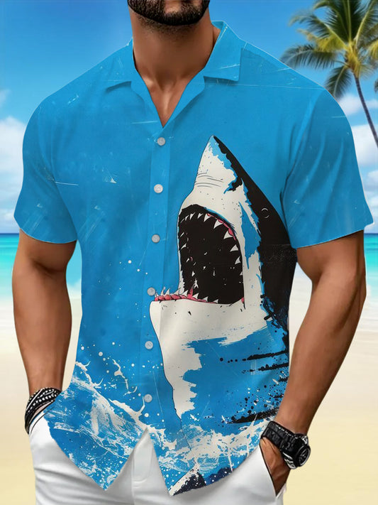 Men's Shark Print Casual Short-Sleeve Vacation Shirt