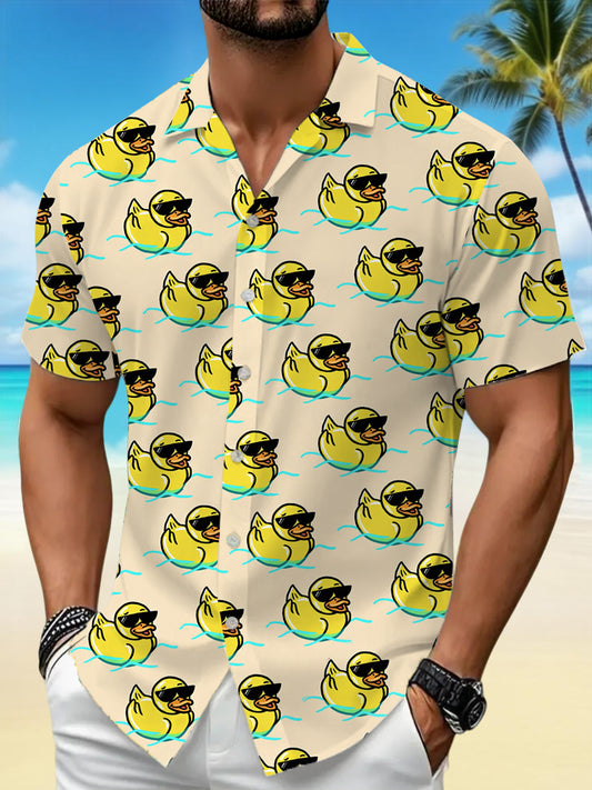 Men's Funny Little Yellow Ducks Print Casual Short-Sleeve Vacation Shirt