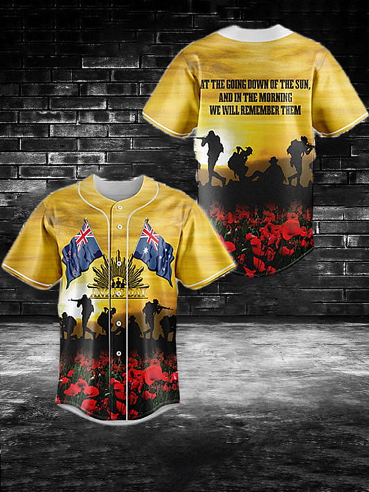 Men's  Vintage Australia Flag Anzac Day  Print Casual Cotton Short Sleeve Shirt Baseball Jersey