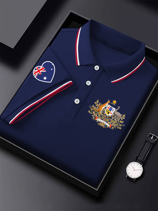 Men's  Vintage Australia Flag Coat of Arms Kangaroo Emu Printed Casual Cotton Short Sleeve Polo Shirt