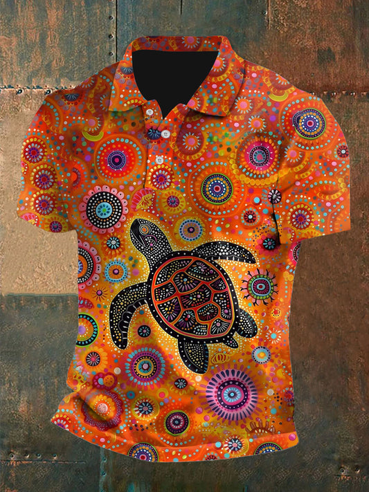 Men's   Vintage Australian Dot Painting Sea Turtle Colourful Printed Casual Cotton Short Sleeve Polo Shirt