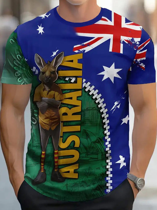Vintage Australian Flag Kangaroo Zip Patchwork Print Casual Cotton Short Sleeve T-Shirt