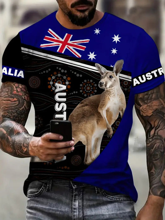 Vintage Australian Flag Kangaroo Print Casual Cotton Short Sleeve T-Shirt