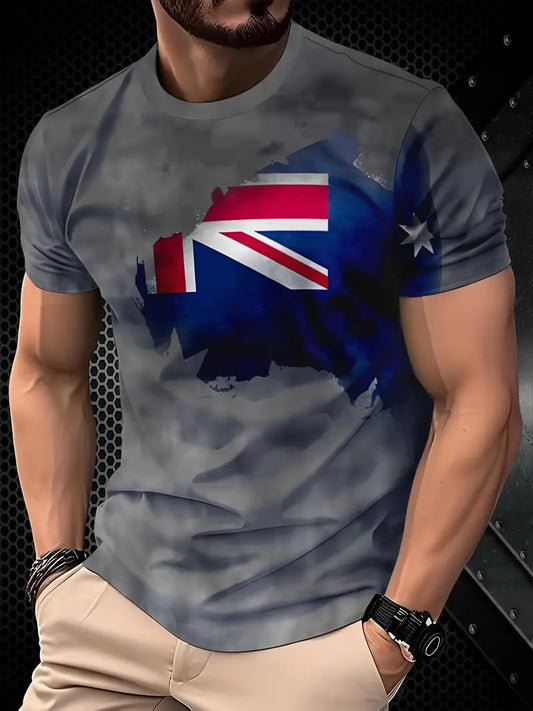 Vintage Australian Flag Badge Patchwork Print Casual Cotton Short Sleeve T-Shirt