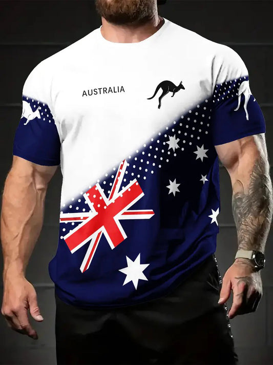 Vintage Australian Flag Badge Kangaroo Patchwork Print Casual Cotton Short Sleeve T-Shirt