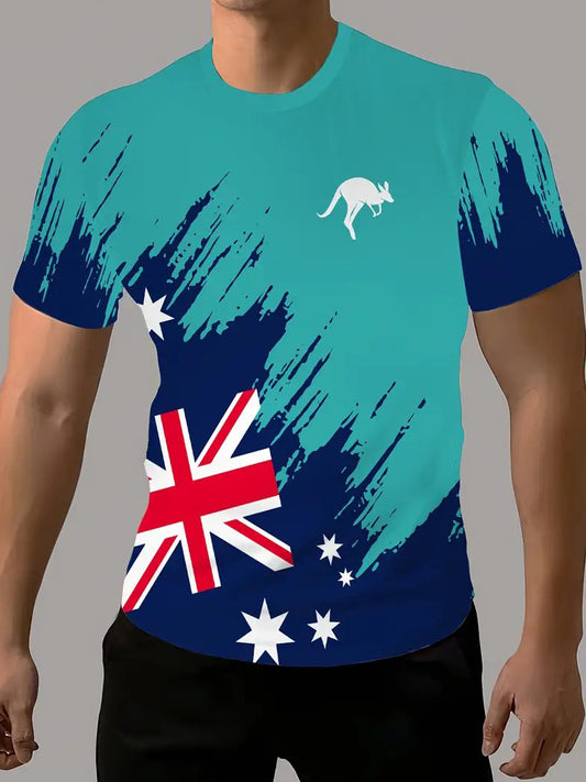 Vintage Australian Flag Badge Kangaroo Patchwork Print Casual Cotton Short Sleeve T-Shirt