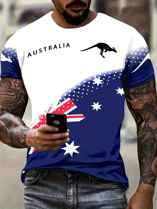 Vintage Australian Flag Badge Kangaroo Patchwork Print Casual Cotton Short Sleeve T-Shirt