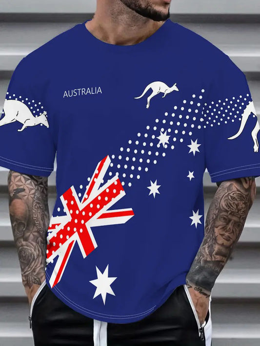 Vintage Australian Flag Badge Kangaroo Patchwork Print Casual Cotton Short Sleeve T-Shirt