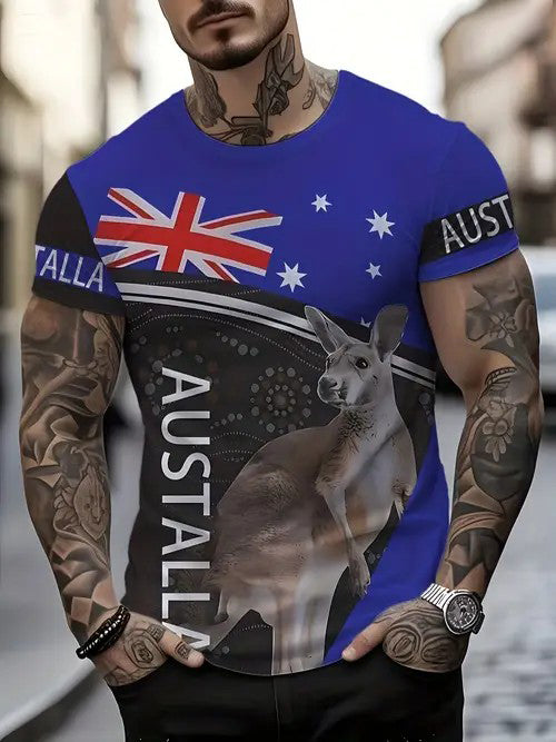 Vintage Australian Flag Badge Kangaroo Patchwork Print Casual Cotton Short Sleeve T-Shirt