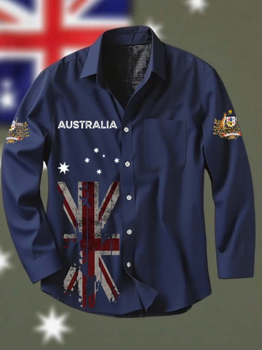 Vintage Australian Flag Badge Print Casual Cotton Pocket Long Sleeve Shirt