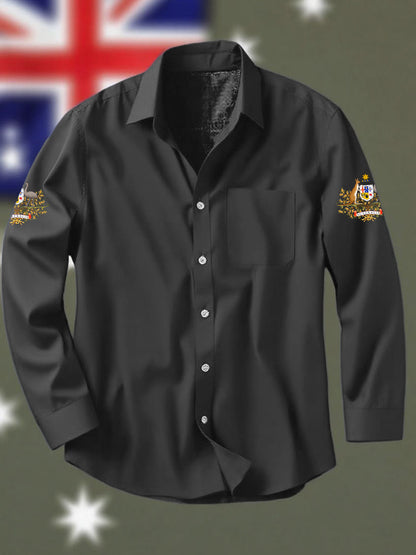 Vintage Australian Flag Badge Print Casual Cotton Pocket Long Sleeve Shirt