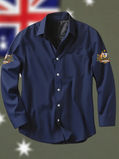Vintage Australian Flag Badge Print Casual Cotton Pocket Long Sleeve Shirt