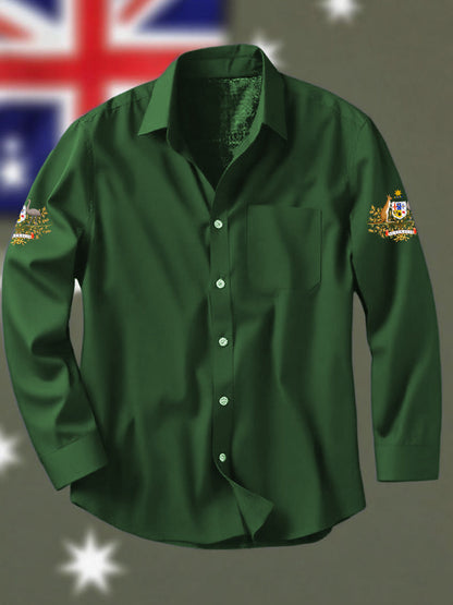 Vintage Australian Flag Badge Print Casual Cotton Pocket Long Sleeve Shirt