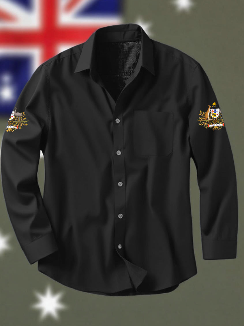Vintage Australian Flag Badge Print Casual Cotton Pocket Long Sleeve Shirt
