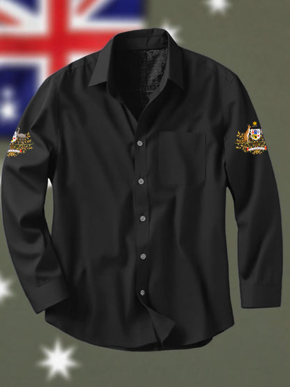 Vintage Australian Flag Badge Print Casual Cotton Pocket Long Sleeve Shirt