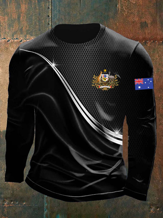 Retro Australian Flag Badge Line Print Casual Cotton Long Sleeve T-Shirt