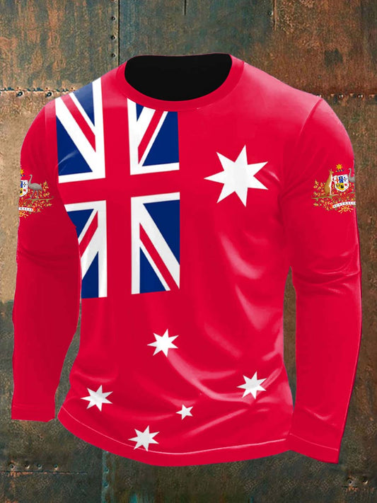 Retro Australian Flag Badge Line Print Casual Cotton Long Sleeve T-Shirt