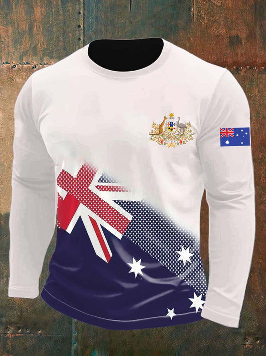 Retro Australian Flag Badge Line Print Casual Cotton Long Sleeve T-Shirt