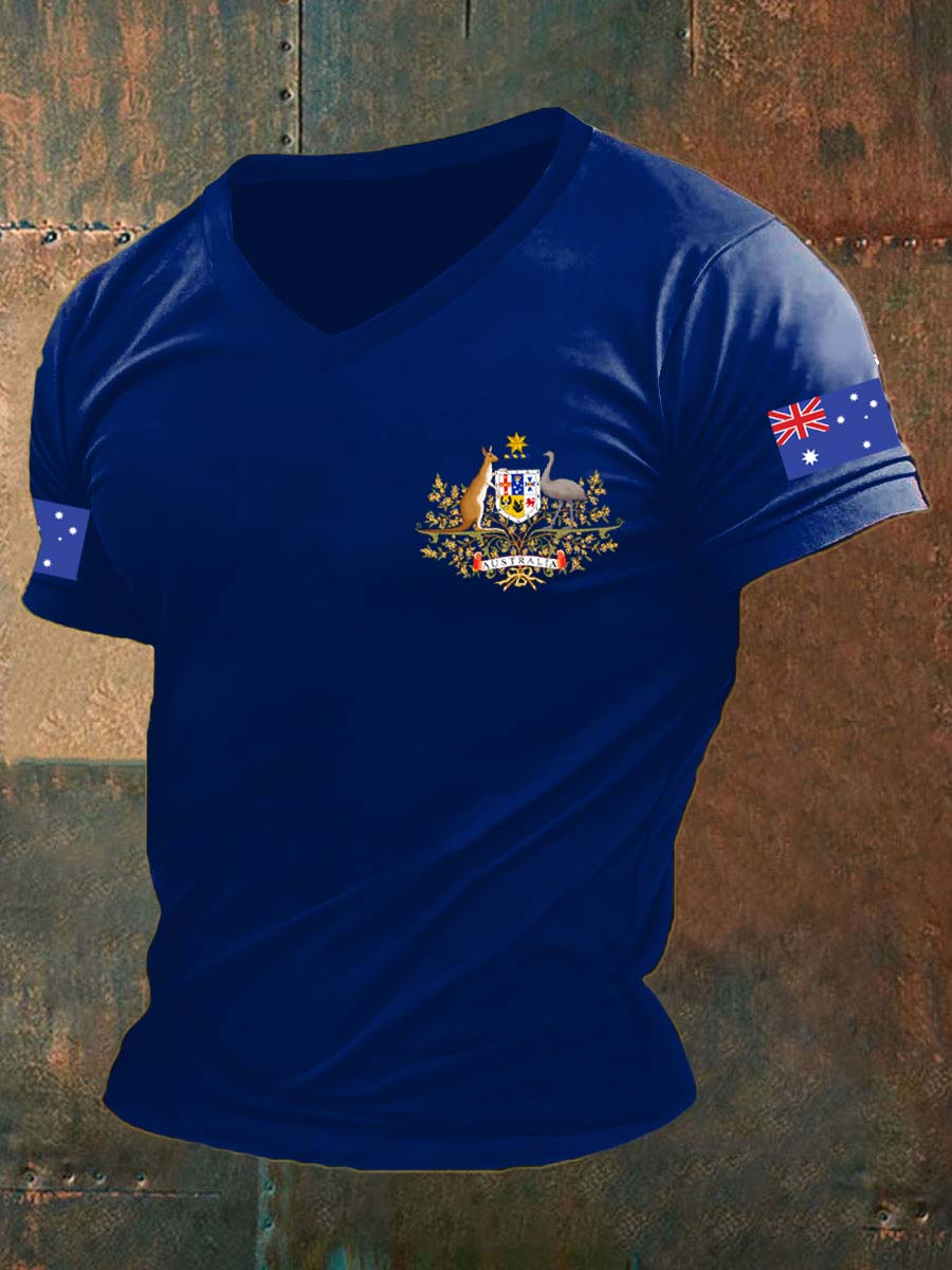 Men's  Vintage Australian Flag Badge Print Comfortable Casual Cotton V-neck T-shirt
