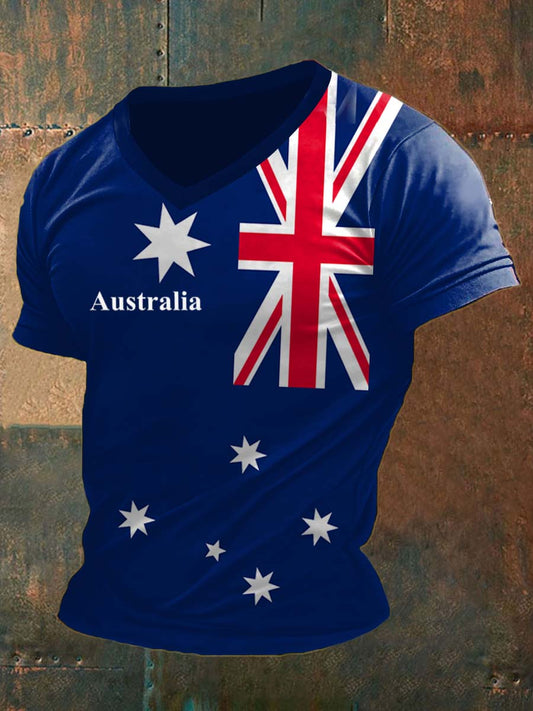 Vintage Australian Flag Badge Print Comfortable Casual Cotton V-neck T-shirt