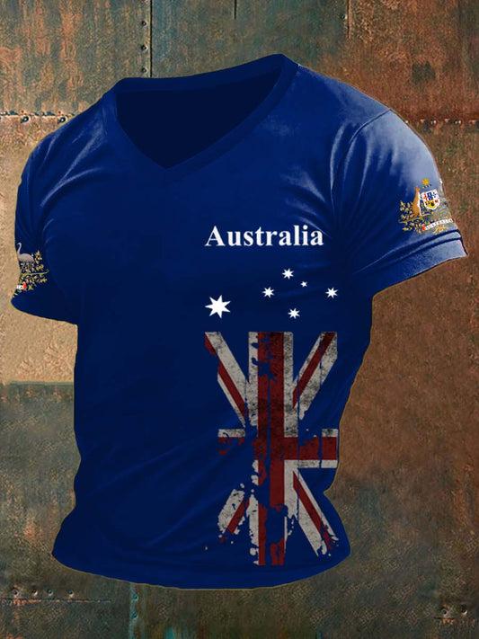 Vintage Australian Flag Badge Print Comfortable Casual Cotton V-neck T-shirt