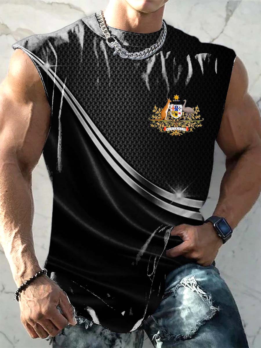 Men's  Retro Australian Flag Badge Line Print Comfortable Casual Cotton Tank Top