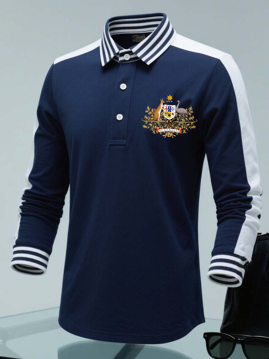 Retro Australian Flag Badge Stripe Patchwork Printed Casual Cotton Long Sleeve Polo Shirt