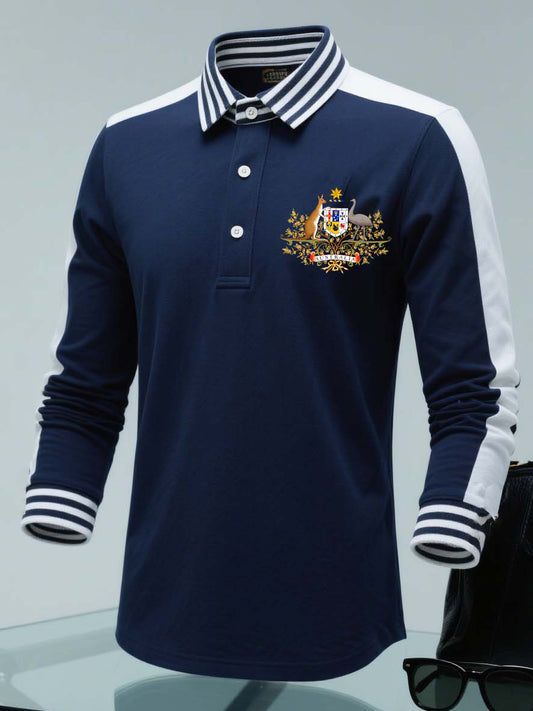 Retro Australian Flag Badge Stripe Patchwork Printed Casual Cotton Long Sleeve Polo Shirt