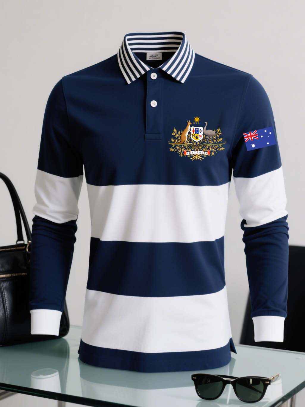 Retro Australian Flag Badge Stripe Patchwork Printed Casual Cotton Long Sleeve Polo Shirt