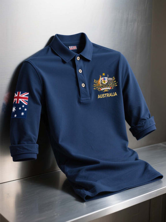 Retro Australian Flag Badge  Printed Casual Cotton Long Sleeve Polo Shirt