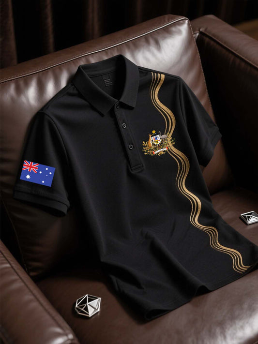 Retro Australian Flag Badge Golden Ripple Printed Casual Cotton Short Sleeve Polo Shirt