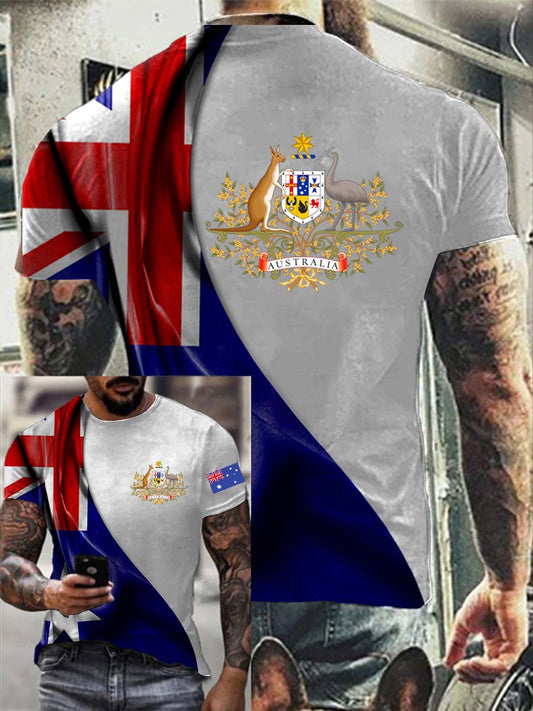 Vintage Australian Flag Badge Print Casual Cotton Short Sleeve T-Shirt
