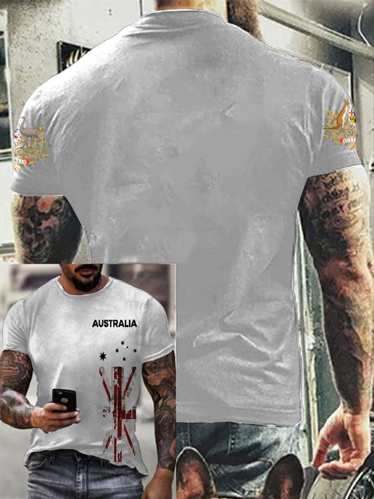 Vintage Australian Flag Badge Print Casual Cotton Short Sleeve T-Shirt