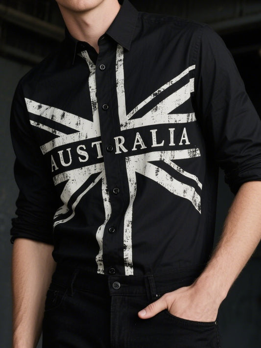 Retro Australian Flag Badge Line Print Casual Long Sleeve Shirt