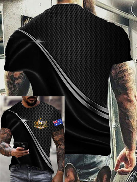 Vintage Australian Flag Badge Line Print Casual Cotton Short Sleeve T-Shirt