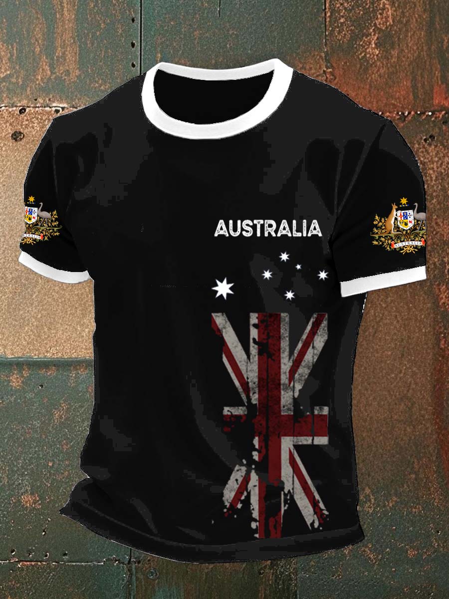 Vintage Australian Flag Badge Print Casual Cotton Short Sleeve T-Shirt