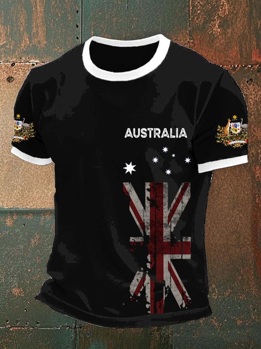 Vintage Australian Flag Badge Print Casual Cotton Short Sleeve T-Shirt