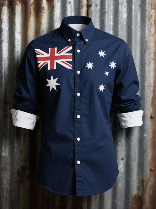 Retro Australian Flag Badge Line Print Casual Long Sleeve Shirt