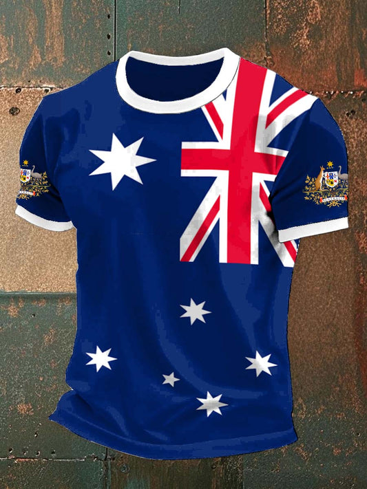 Vintage Australian Flag Badge Print Casual Cotton Short Sleeve T-Shirt