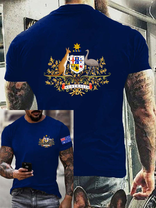 Vintage Australian Flag Badge Abstract Print Casual Cotton Short Sleeve T-Shirt
