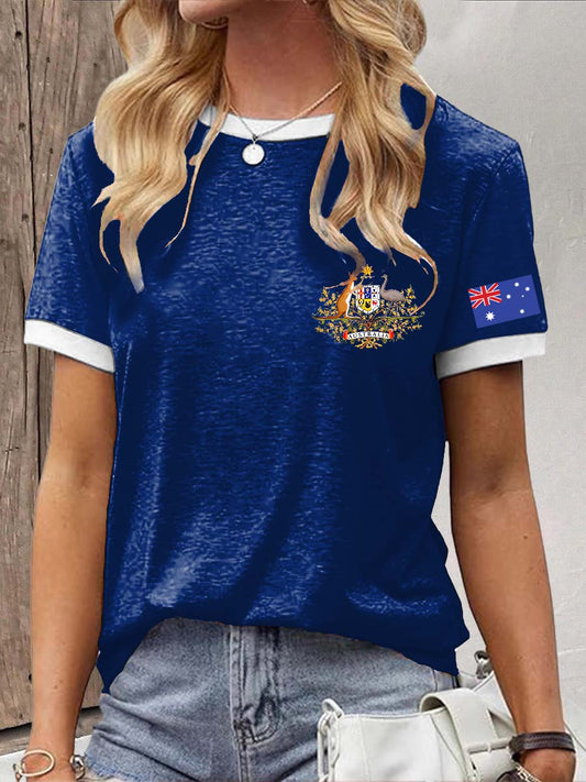 Retro Australian Flag Badge Line Print Casual Cotton Short Sleeve T-Shirt