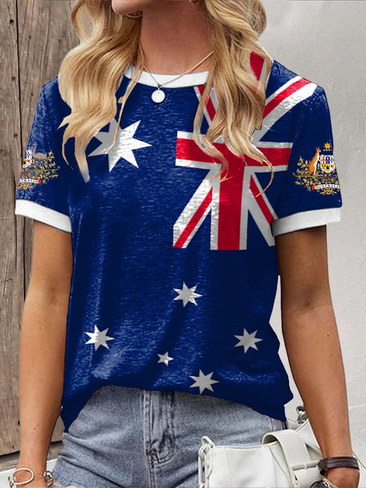 Retro Australian Flag Badge Line Print Casual Cotton Short Sleeve T-Shirt