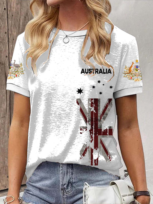 Retro Australian Flag Badge Line Print Casual Cotton Short Sleeve T-Shirt