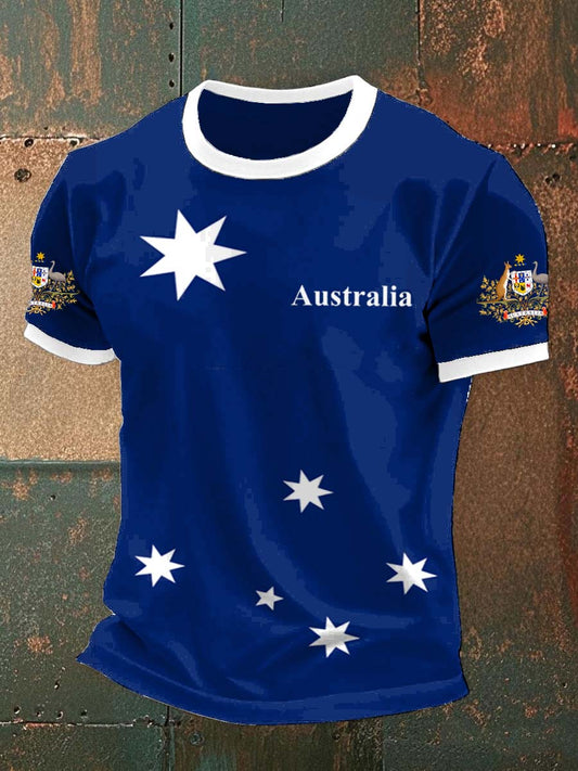 Retro Australian Flag Badge Print Casual Cotton Short Sleeve T-Shirt