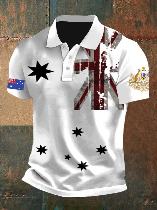 Vintage Australian Flag Badge Printed Casual Cotton Short Sleeve Polo Shirt