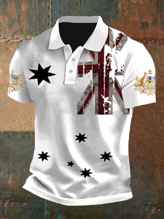 Vintage Australian Flag Badge Printed Casual Cotton Short Sleeve Polo Shirt