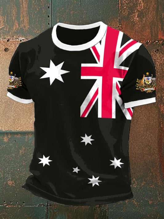 Retro Australian Flag Badge Print Casual Cotton Short Sleeve T-Shirt