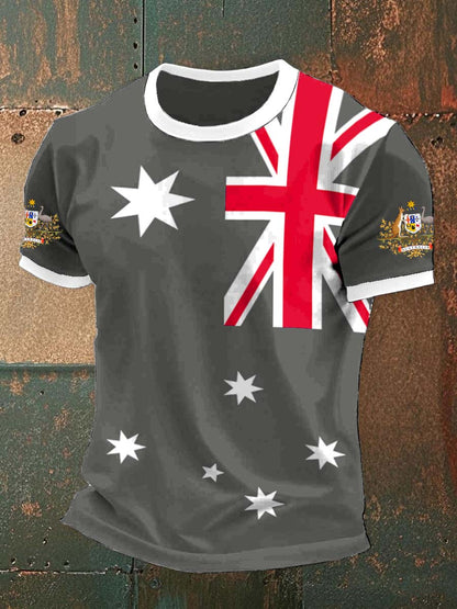 Retro Australian Flag Badge Print Casual Cotton Short Sleeve T-Shirt