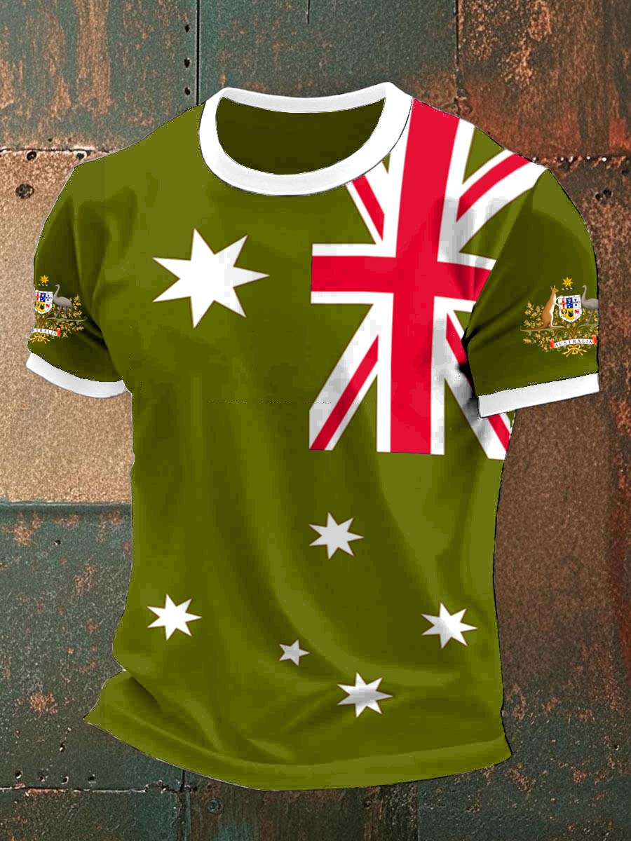 Retro Australian Flag Badge Print Casual Cotton Short Sleeve T-Shirt