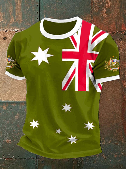 Retro Australian Flag Badge Print Casual Cotton Short Sleeve T-Shirt